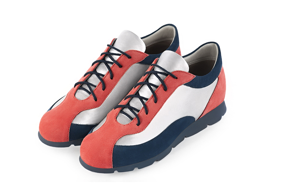 Coral orange, light silver and navy blue women's three-tone elegant sneakers. Round toe. Flat rubber soles. Front view - Florence KOOIJMAN